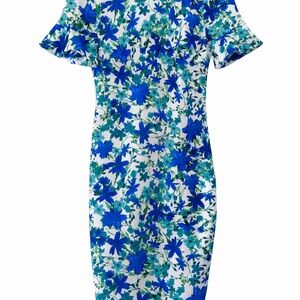 Calvin Klein Blue Floral Sheath Dress Size 2 Elegant Spring Summer